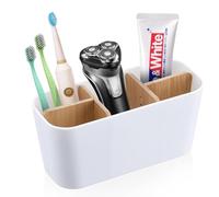 Toothbrush Holder for Bathroom Storage Organizer Caddy, 5 Slots Toothbrush and Toothpaste Holder for Family, Bamboo Electric Toothbrush Stand, Multifunctional Plastic Cup Storage Stand White