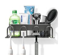Toothbrush Holder Wall Mounted, 4-Cup Family Bathroom Organiser, Gunmetal Grey Space Aluminium Toothbrush & Toothpaste Caddy, Self Adhesive No Drilling, Rustproof Storage for Electric ToothbrushSlots