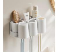 Toothbrush Holder Wall-Mounted, Adhesive Multifunctional Bathroom Storage with 3 Cups & 6 Toothbrush Slots, Includes 3 Detachable Boxes for Toiletries, Waterproof & Space-Saving Design