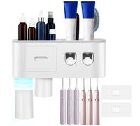 Toothbrush Holder Wall Mounted - Multifunctional Automatic Kit with 2/3 Cups,6 Brush Slots & 2 Paste Dispensers,Top Storage Platform,Easy Install(Gray - 2-cup size)
