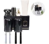 Toothbrush Holder Wall Mounted, Wall Mounted Automatic Toothpaste Dispenser Self Adhesive Toothbrush Organiser Bathroom Toothbrush with 1 Non-Marking Sticker, Double Cup (Black)