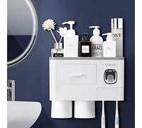 Toothbrush Holder Wall Mounted with Toothpaste Dispenser, Electric Toothbrush Holder Set for Bathroom,Multifunctional Bathroom accessory with 6 Brush Slots, Tray, Magnetic Cup and Cosmetic Drawer Grey