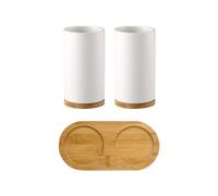 Toothbrush Holders for Bathroom,2 White Ceramic Toothbrush Toothpaste Holder Set with Wooden base,Reusable Toothbrush Cup with Bamboo Cup Bottom,Bathroom Counter Organizer