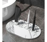 Toothbrush Holders for Bathroom with Natural Diatomaceous Earth Base and Rustproof Metal Organizer Featuring Three Round and One Oval Holder for Bathroom Storage (A)
