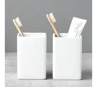 Toothbrush Holders for Bathrooms - 2 Cups Ceramic Square Toothbrush Toothpaste Holders Set, White Square Bathroom Tumbler Cups Reusable Toothbrush Mouthwash Cup, Bathroom Counter Organizer.