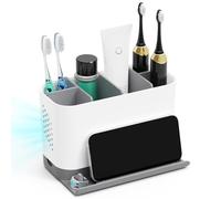 Toothbrush Holders for Bathrooms, Adjustable 6 Slots Electric Toothbrush and Toothpaste Holder, Cord-Friendly Detachable Bathroom Countertop Organizer with Front Ledge for Phone and Ring Holder