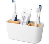 Toothbrush Holders for Bathrooms, Bamboo Tooth Brush Holder with 5 Slots Bathroom Vanity Organizer Countertop for Electric Toothbrushes, Toothpaste, Razors - White
