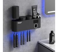 Toothbrush Sanitizer, Self Adhesive Toothbrush Holder with 3 Cups, Automatic Toothpaste Squeezer Dispenser Bathroom Accessories Set (Black)