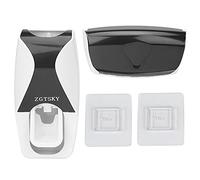 Toothpaste Dispenser Holder, Automatic Vacuum Wall Mounted Squeezer with 5 Toothbrush Slots Anti Dust Cover Easy Adhesive Install for Home Hotel ABS Black 15x8x6cm