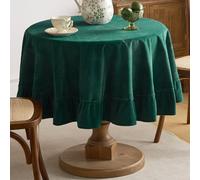 Tootop Soft Luxurious Velvet Tablecloth, Ruffled Solid Color Round Thick Tablecloth, Vintage Farmhouse Oval Style, Washable, Suitable Parties, Weddings, Baby Showers, Kitchen.（60 Inch Round） Green