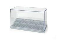 TOOUEE 1 PC Minifigure Display Case for Action Figures & Building Blocks, Clear Dustproof Acrylic Storage Box with 3 Movable Steps, Gift for Kids (gray)