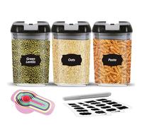 Top 3 Airtight Food Storage Containers - Pack Of 3 x 0.8L Plastic Storage Jars With 1 Marker, 10 Pantry Labels and 6 Measuring Spoons - For Flour, Cereals, Grains, Sugar, Nuts (Pack of 3 x0.8L)