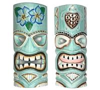 Top Brass Set of 2 - Aqua Teal Tiki Mask - Unique Hand Carved Wall Hanging or Freestanding Sculpture - Tropical Polynesian Flowers and Hawaiian Sea Turtle - Tribal Party Beach Luau Bar Decor