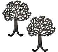 Top Brass Tree of Life Cast Iron Wall Hooks - 2 Pack Heavy Duty Double Hooks, Rustic Dark Brown Wall Mount Coat Hooks for Keys, Towels, Hats & Heavy Coats, Includes Mounting Hardware