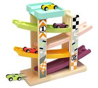 TOP BRIGHT Wooden Car Ramp Toys for 1 2 Year Old Boy Gifts, First Birthday Present for One Two Year Old Car Toy, Baby Toys 12 18 Months with 4 Mini Cars - Assembly Required Multi-color