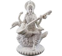 Top Collection 8" H 7" W Saraswati on Swan Statue in White Marble Finish - Hindu Goddess of Knowledge Sculpture