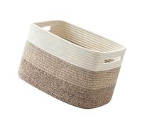 Top Cotton Linen Rectangle Organizer with Side, White Brown | Rectangular Cotton Linen Woven Bin with Open Top Side Handles for Bedroom Blanket Toy Clothing Storage