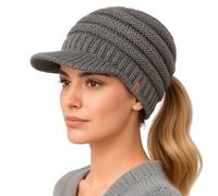 TOP-EX Chicpony Beanie Women's Wool Warm Winter Hat with Fleece Lining Knitted Hat with Peak Ponytail, 96589_Grey, One Size