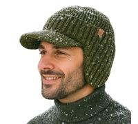 TOP-EX DryKnit™ Waterproof 80% Merino Wool Peaked Beanie Hat Men with Ear Flaps & Fleece Lined, Winter Thermal Newsboy Cap Baker Boy Hats with Brim Windproof for Golf Running, Green M/L