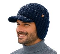 TOP-EX DryKnit™ Waterproof 80% Merino Wool Peaked Beanie Hat Men with Ear Flaps & Fleece Lined, Winter Thermal Newsboy Cap Baker Boy Hats with Brim Windproof for Golf Running M/L Navy