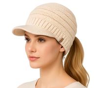 TOP-EX Icelandic Wool Visor Beanie for Women Hidden Ponytail Knit Hat Fleece Lined Warm Winter Hat UK Peaked Beanie Cold Weather Gift Beige