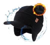 TOP-EX Waterproof 50% Merino Wool Peaked Beanie Hat Men with Earflaps Oversized Winter Hats with Brim Warm Fleece Lined for Big Heads Newsboy Baker Boy Cap for Golf Running Black XL/XXL