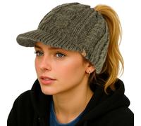 TOP-EX Womens Winter 3 Openings Ponytail Visor Brim Bill Beanie Hat Fleece Lined Merino Wool Warm Cable Knit Cap Bun Hole Cold Weather Green