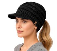 TOP-EX Womens Wooly Hat Ladies Knit Hat with Ponytail Hole Fleece Lined Warm Winter Beanie Peaked Beanie Cold Weather Gift Black