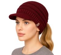 TOP-EX Womens Wooly Hat Ladies Knit Hat with Ponytail Hole Fleece Lined Warm Winter Beanie Peaked Beanie Cold Weather Gift Burgendy