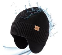 TOP-EX XL/XXL 80% Merino Wool Waterproof Beanie for Men Women with Ear Flap Warm Winter Fleece Lined Beanie Outdoor Skiing Hat Cold Weather Black M/L