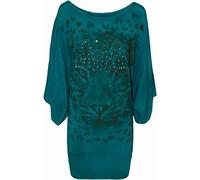 Top Fashion18 Ladies Plus Sequin Tiger Face Animal Print 3/4 Sleeve Batwing Tops Baggy Stretch Tunic Top Size 14-28 (14, Teal)