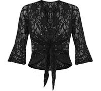 Top Fashion18 Ladies Plus Womens Sequin Lace Tie Up 3/4 Bell Sleeve Bolero Crochet Party Shrug Cardigan Size 12-26 (12-14, Black)