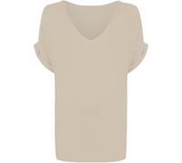 Top Fashion18 Women's Plus Short Turn Up Sleeve Baggy Plain Top V-Neck T-Shirt Size 8-22 Cream