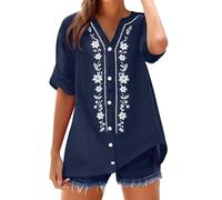 top for Women Cotton Linen Tops Womens Fashion Short Sleeve V Neck Button Down Boho Embroidered Floral Blouses Casual Vintage Summer Holiday Vacation Shirts Navy L