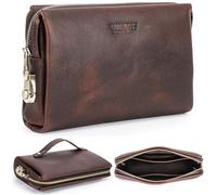 Top Grain Genuine Leather Clutch Wallet for Man & Woman, Handmade Retro Design, Combination Lock & Retractable Strap & Multi Pockets/Slots, Portable RFID for Cards/Checks/Phone/Banknote, Red Coffee