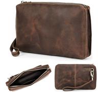 Top Grain Genuine Leather Clutch Wallet with Wristlet for Man & Woman, Handmade Simple Retro Vintage Design, Multi Pockets & Card Slots, RFID Large Capacity for Cards/ID/Checks/Banknote/Phone, Coffee