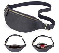 Top Grain Genuine Leather Slim Fanny Pack for Man & Woman, Minimalist Vintage Design, Handmade with Detachable Hardware, Slim Waist Bag Small Crossbody Belt Bag for Traveling or Riding, Blue