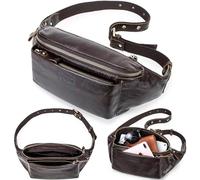 Top Grain Genuine Leather Slim Fanny Pack for Man & Woman, Vintage Design & 4 Zipper Pockets & Adjustable Strap, Handmade, Large Capacity Waist Pack Crossbody Belt Bag for Daily/Travel, Dark Coffee