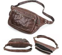 Top Grain Genuine Leather Slim Fanny Pack for Man & Woman, Vintage Design & 5 Pockets & Adjustable Strap, Fully Handmade, Large Capacity Waist Pack Crossbody Belt Bag for Travel or Ride, Red Coffee