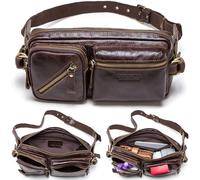Top Grain Genuine Leather Slim Fanny Pack for Man & Woman, Vintage Design & 5 Zipper Pockets & Adjustable Strap, Handmade, Large Capacity Waist Pack Crossbody Belt Bag for Travel or Ride, Dark Coffee