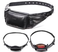 Top Grain Genuine Leather Slim Waist Pack for Man & Woman, Vintage Design & 4 Zipper Pockets & Adjustable Strap, Handmade, Large Capacity Fanny Pack Crossbody Belt Bag for Travel or Ride, Glossy Black