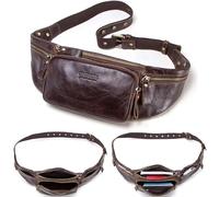 Top Grain Genuine Leather Slim Waist Pack for Man & Woman, Vintage Design & 4 Zipper Pockets & Adjustable Strap, Handmade, Large Capacity Fanny Pack Crossbody Belt Bag for Travel or Ride, Dark Coffee
