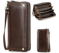 Top Grain Genuine Oiled Leather Clutch Wallet for Man & Woman, Handmade Vintage Design, Multi Pockets & Slots & Detachable Wristlets, RFID Large Capacity for Cards/Checks/Money/Passport, Red Coffee