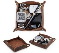 Top Grain Leather Desk Valet Tray Organizer for Man & Woman, Handmade Vintage Design, Foldable Design with Snap Buttons, Office Capacity Organizer Storage for Wallets/Watches/Keys/Coins, Coffee, Small