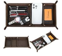 Top Grain Leather Desk Valet Tray Organizer for Man & Woman, Vintage Handmade, Foldable Flat Basket & 3 Compartments, Desk Catchall Holder for Wallet/Watches/Keys/Coins/Office Supplies, Coffee, Update