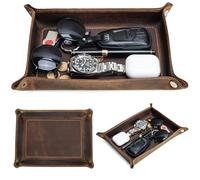 Top Grain Leather Desk Valet Tray Organizer for Man & Woman, Vintage Handmade, Foldable Flat Basket with Snap Buttons, Desk Catchall Holder for Wallet/Watches/Keys/Coins/Office Supplies, Coffee, Large