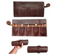 Top Grain Leather Natural Dark Brown 5 Pocket Watch Roll for Travel & Storage Box (5 Pockets)
