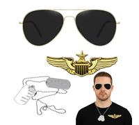 Top Gun Costume, 3 Piece Aviator Top Gun Costume Men Set with Black Sunglasses Gold Wing Badge Hang Tag, Perfect for Party Gatherings, Role-Playing, Halloween, Military Themed Gatherings