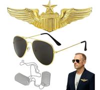 Top Gun Costume Men, 3 Piece Pilot Set with Aviator Glasses, Gold Wings Badge, Dog Tags, Ideal for VE Day, Halloween, Cosplay, Historical Reenactments