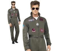 Top Gun Deluxe Pilot Costume Mens Aviator Jumpsuit Fancy Dress Outfit + Aviators